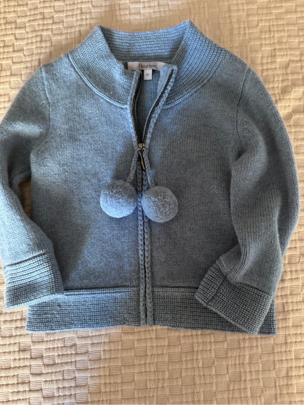 Fleurisse Light Blue Pom-Pom Zip Knit Cashmere Cardigan for Kids